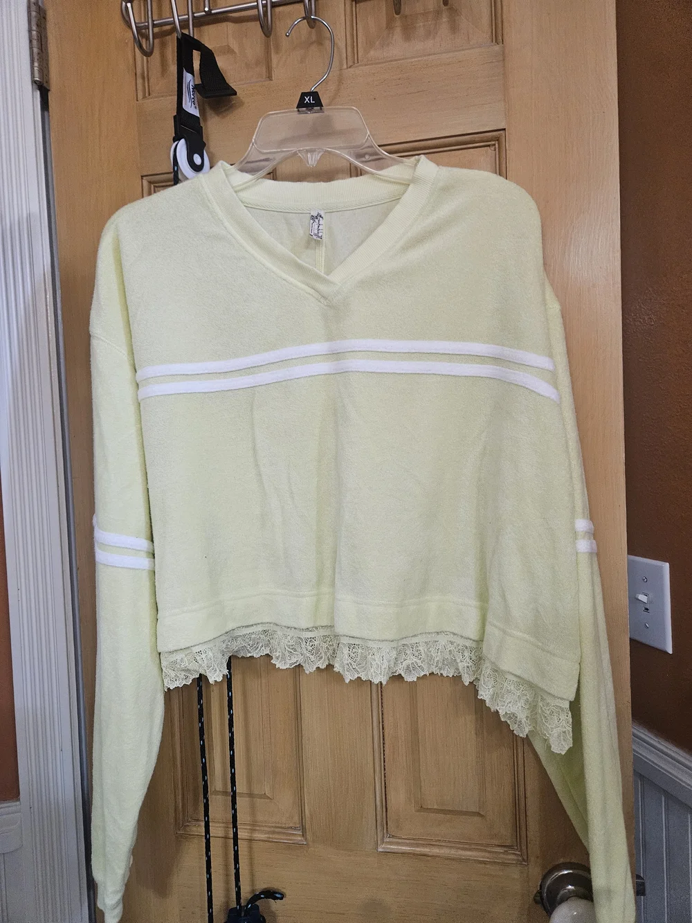 Free People Lace-Hem V-Neck Pullover Sweater in Bright Yellow with White Stripes